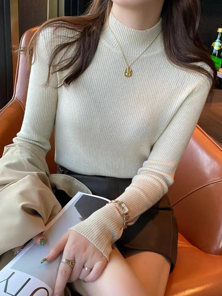 Autumn Winter Mock Neck Women Sweater Vintage Basic Solid Knitted