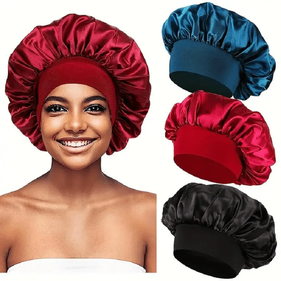 1PC Women's Satin Solid Bonnets Wide-brimmed Night Sleeping Bathing