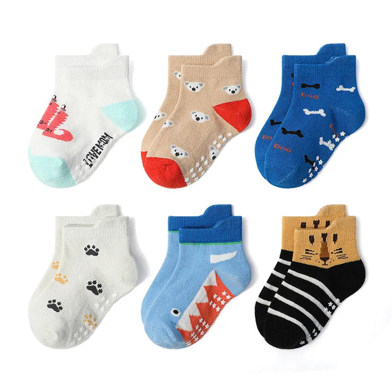 6 Pairs Kids Socks Cartoon Animal Pattern Cotton Non-Slip Floor Socks