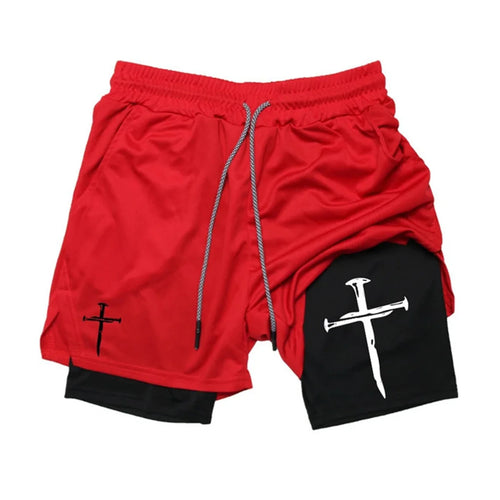 Men's Cross Print 2-in-1 Sports Shorts with Towel Loop Athletic