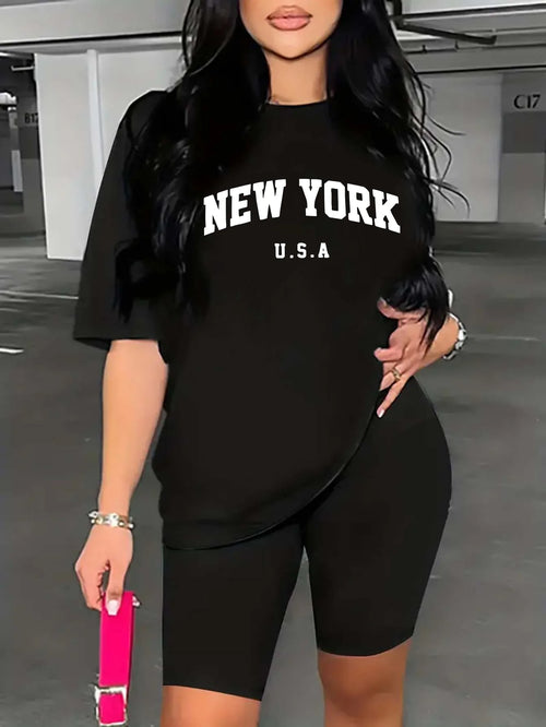 Women's Casual Sportswear 2-Piece Set,"New York"Letter Print Short