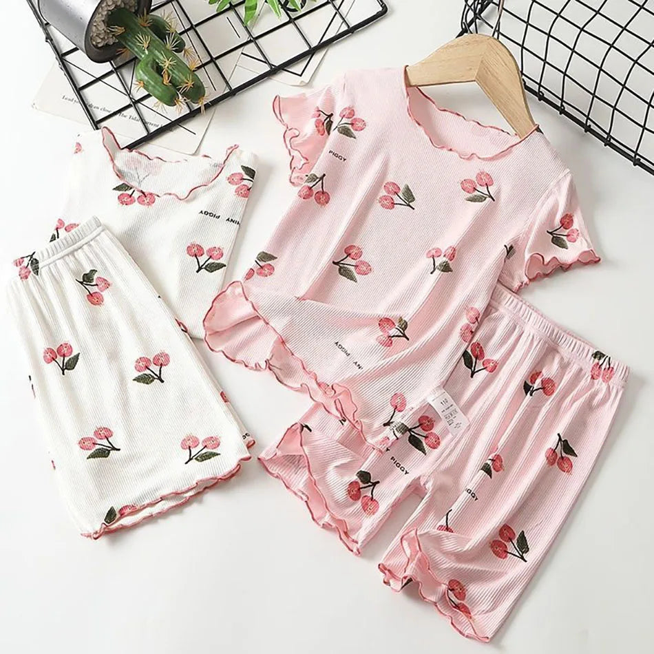 Girls  Pajama Set Cherry Blossom Print 4-Way Stretch Shorts &