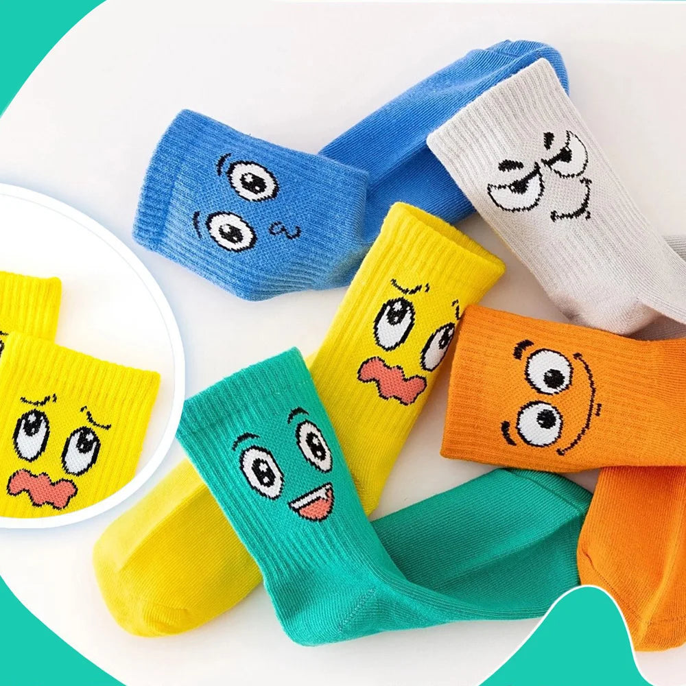 5 Pairs Kids Socks Emoticons Funny Face Pattern Comfortable Breathable
