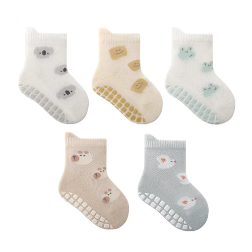 5 Pairs Childrens Non-Slip Socks Cute Cartoon Pattern Kids Boys Girls