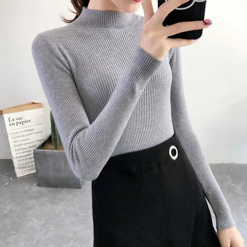 Autumn Winter Mock Neck Women Sweater Vintage Basic Solid Knitted