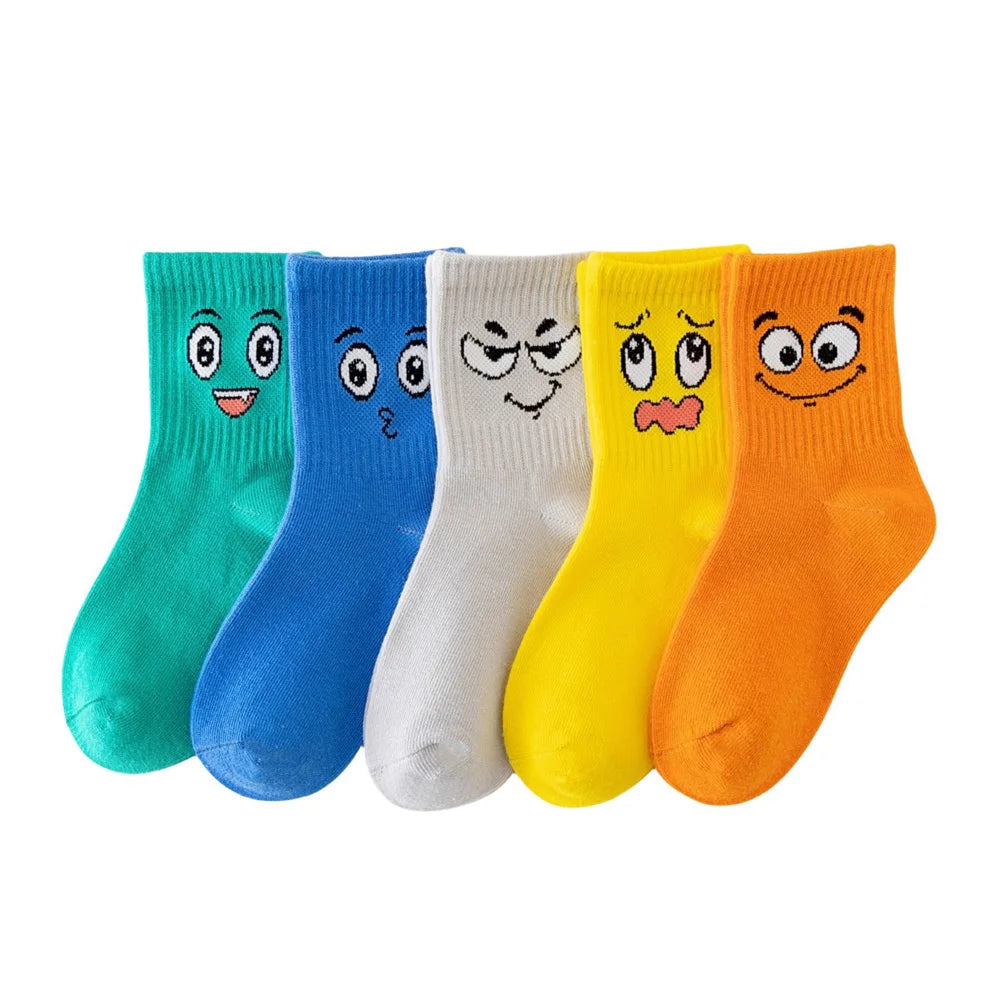 5 Pairs Kids Socks Emoticons Funny Face Pattern Comfortable Breathable