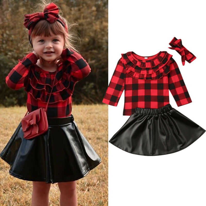 Xmas 3Pcs Toddler Kid Baby Girl Clothes Sets Plaid