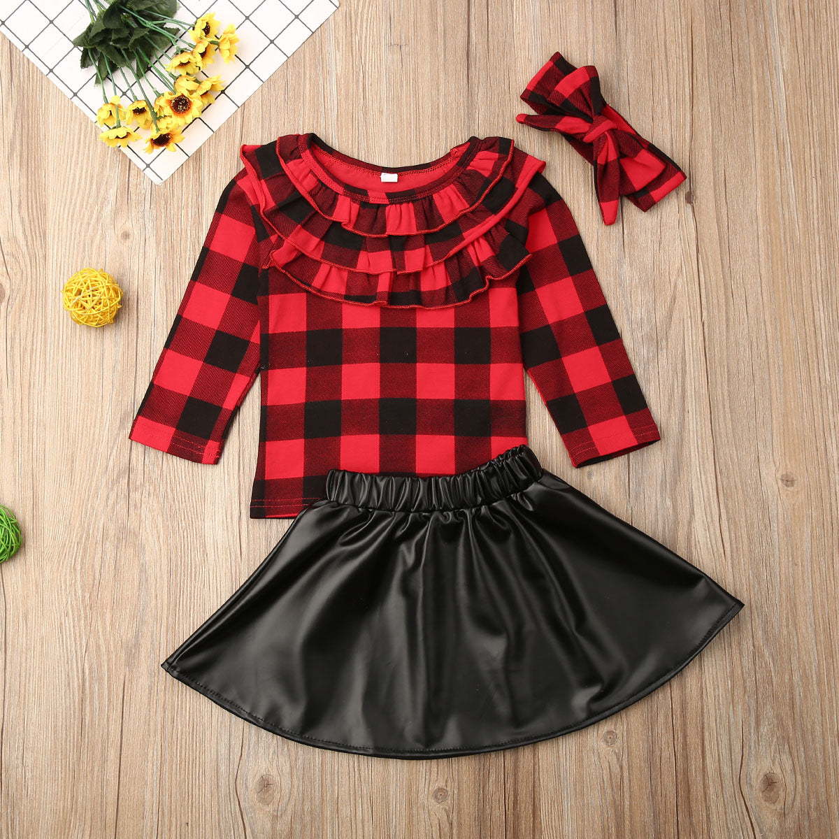 Xmas 3Pcs Toddler Kid Baby Girl Clothes Sets Plaid