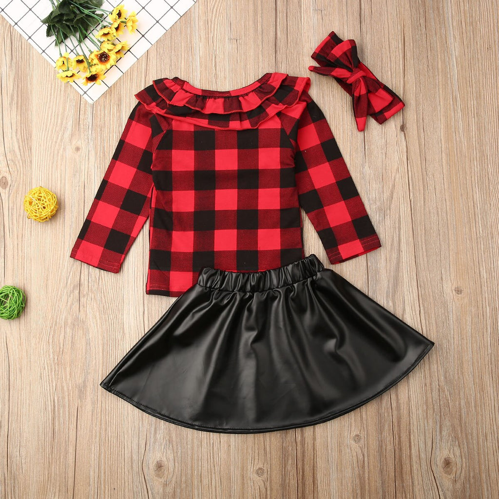 Xmas 3Pcs Toddler Kid Baby Girl Clothes Sets Plaid