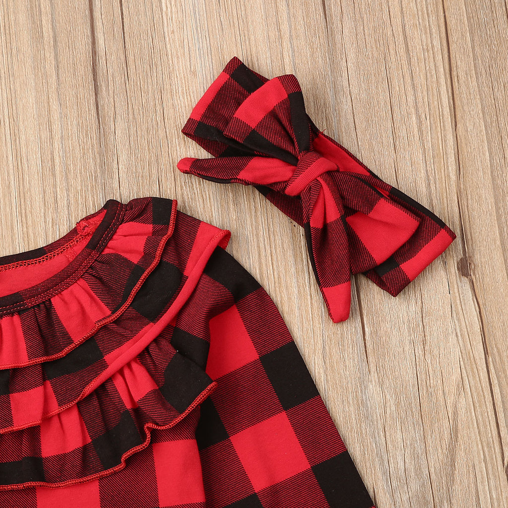 Xmas 3Pcs Toddler Kid Baby Girl Clothes Sets Plaid