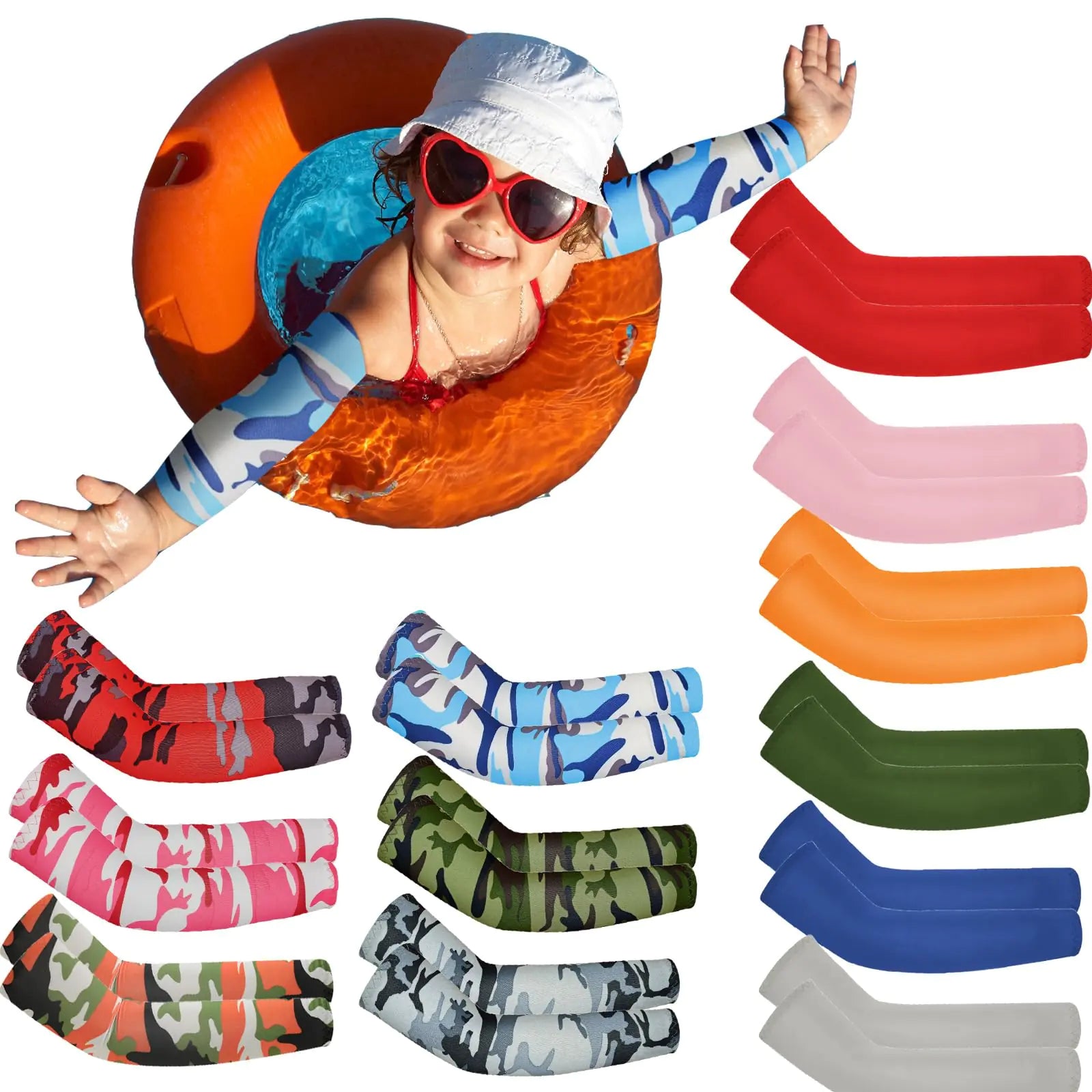 PUTOYZZLE 12 Pairs Unisex UV Protection Arm Cooling Sleeves Ice Silk Arm Cover for Kids Age 4-9（Bright camouflage）