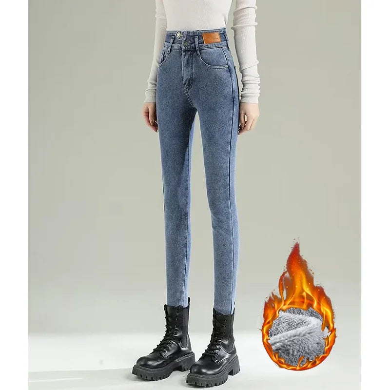Winter Girls Fleece Thicken Straight Leg Jeans Women Snow Warm High Waist Casual Denim Trousers Lady Korean Plush Thermal Pants