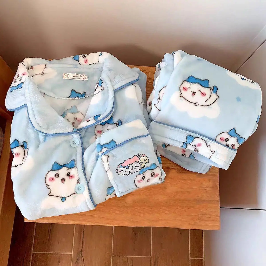 Kawaii Stitch 2Pcs Woman's Pajamas Set Thicken Warm Fashion Casual Loose Grey Cute Anime Homewear Gift