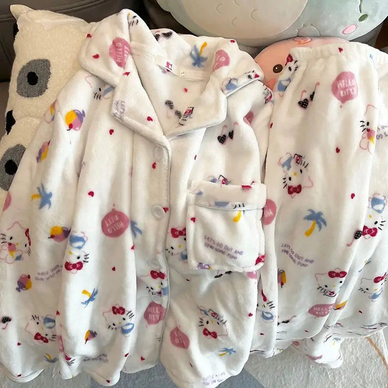 Kawaii Stitch 2Pcs Woman's Pajamas Set Thicken Warm Fashion Casual Loose Grey Cute Anime Homewear Gift