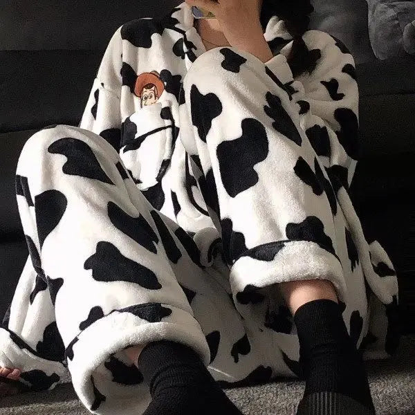 Kawaii Stitch 2Pcs Woman's Pajamas Set Thicken Warm Fashion Casual Loose Grey Cute Anime Homewear Gift