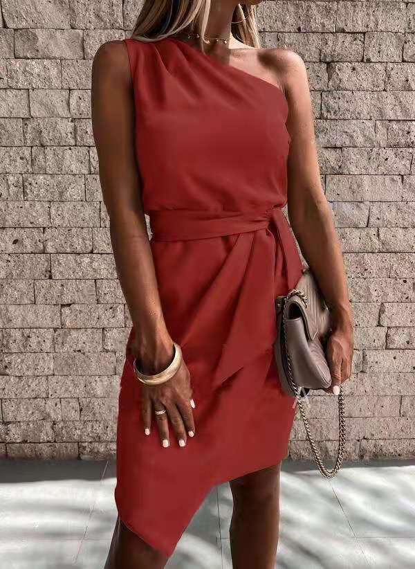 Solid Color Sleeveless Slanted Shoulder Irregular Tie Party Dress