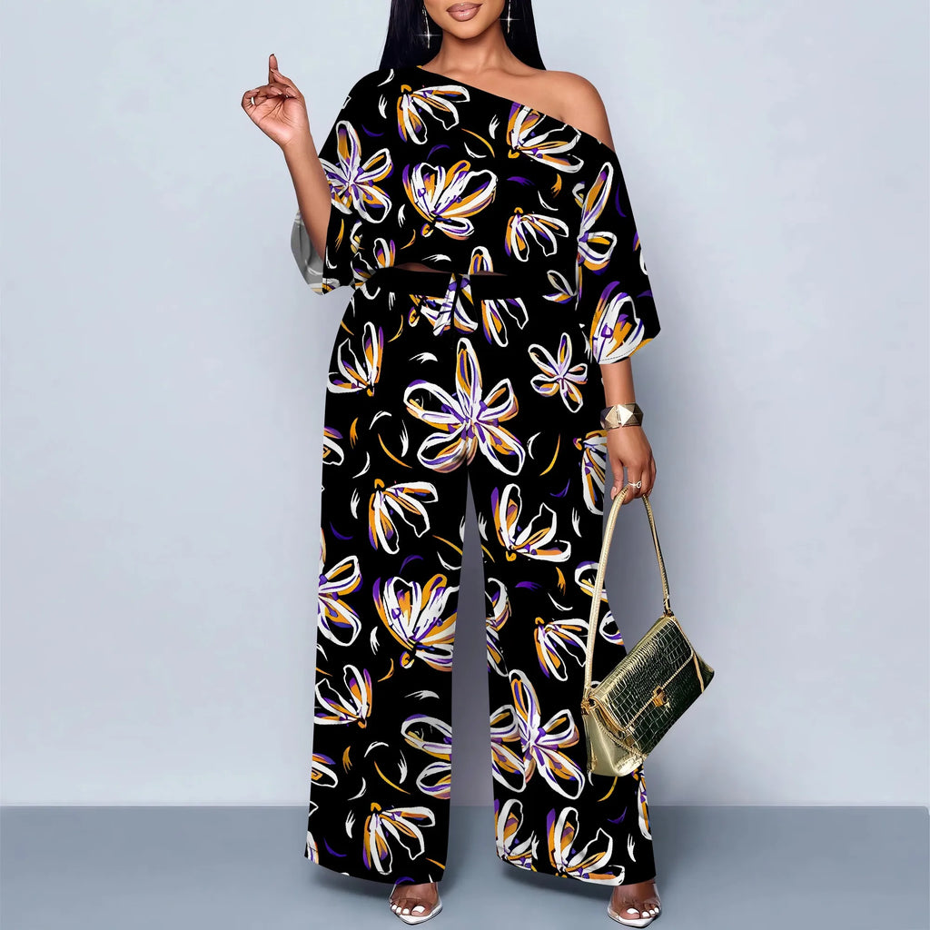 Elegant Women Two Piece Set Off Shoulder Top and Wide Leg Pants Abstract Floral Print Casual Outfit Standard Size