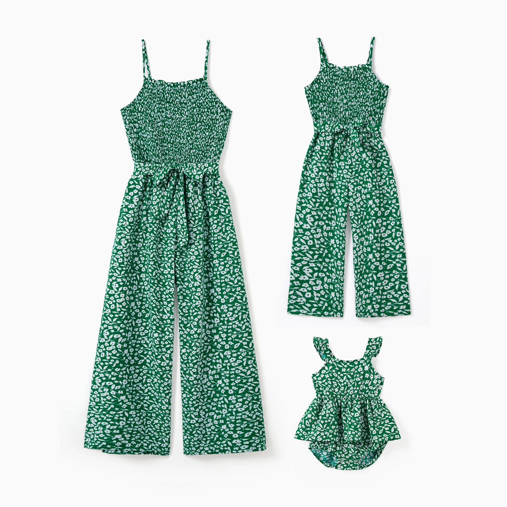 PatPat Matching Floral Print Green Smocked Strap Jumpsuits for Mommy and Me