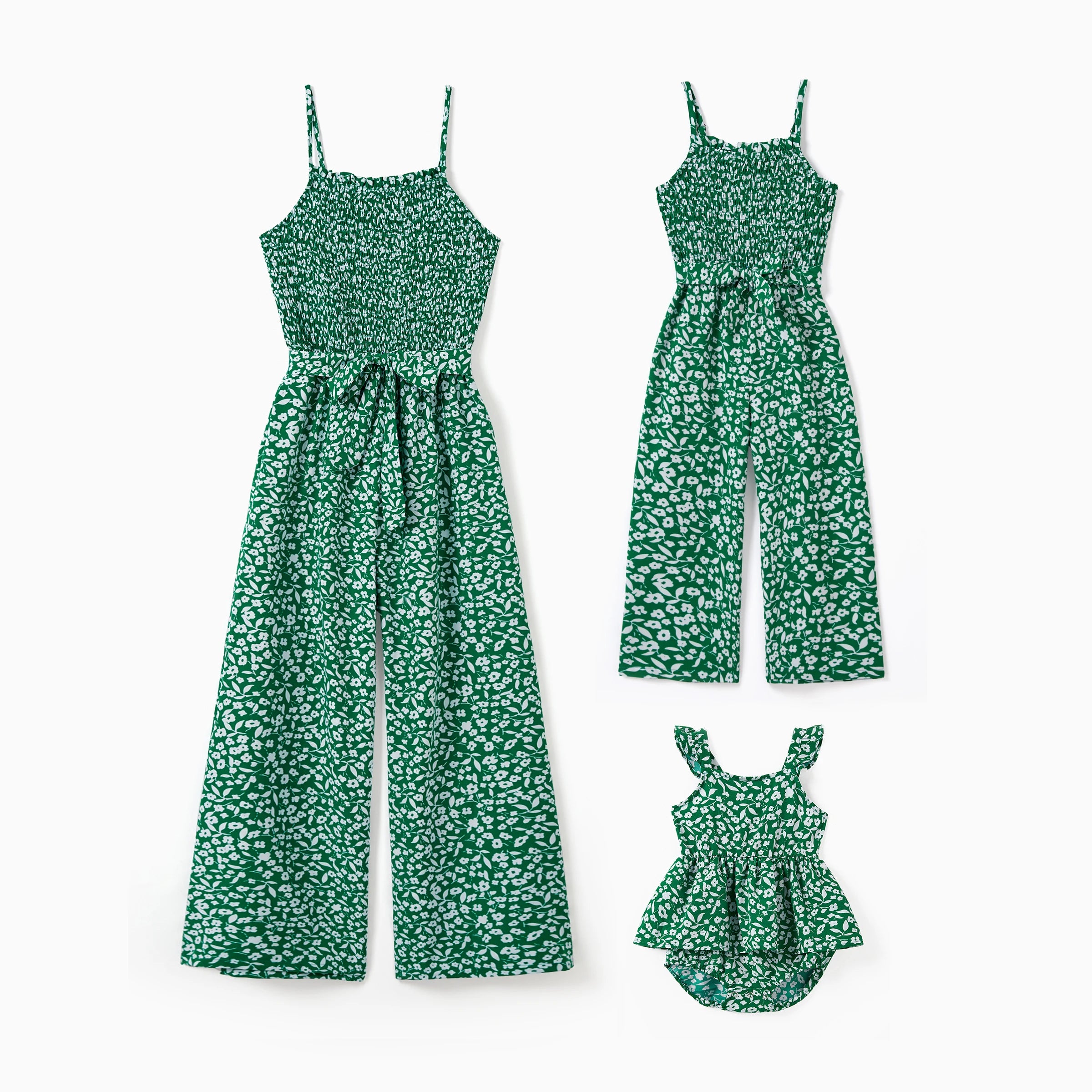 PatPat Matching Floral Print Green Smocked Strap Jumpsuits for Mommy and Me