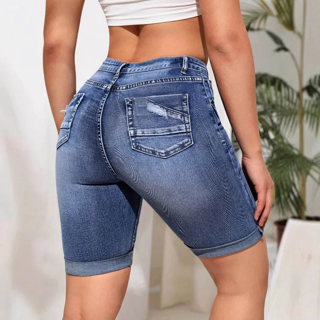 Women Jeans Denim short Knee Length High Waist Stretch Distressed Washed  Skinny Straight Short Pants