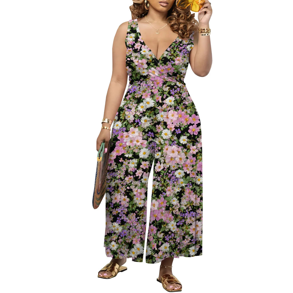 Women's Jumpsuit V Neck Floral Sleeveless Leg Wide Leg Pants Tied One Piece Casual Loose Summer Outfits Rompers
