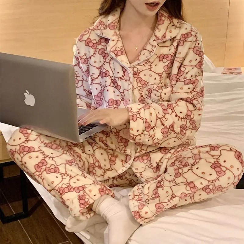 Kawaii Stitch 2Pcs Woman's Pajamas Set Thicken Warm Fashion Casual Loose Grey Cute Anime Homewear Gift