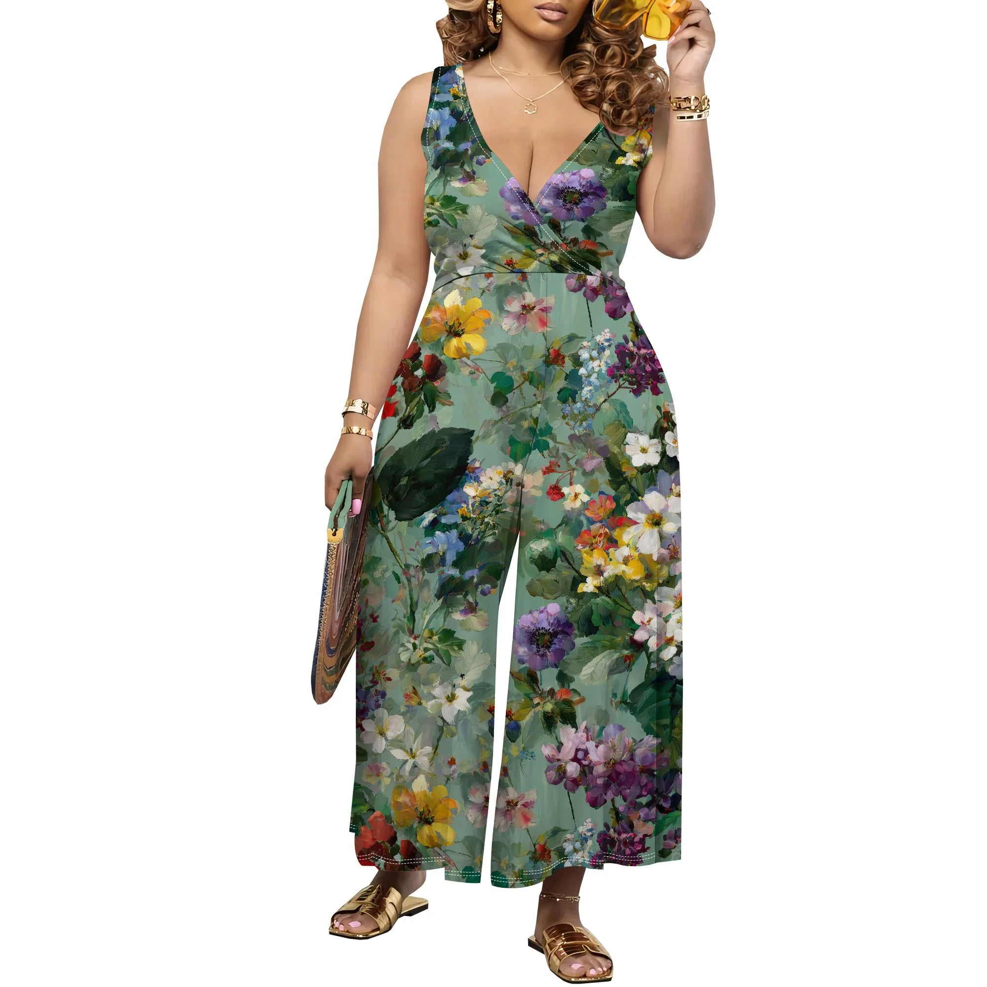 Women's Jumpsuit V Neck Floral Sleeveless Leg Wide Leg Pants Tied One Piece Casual Loose Summer Outfits Rompers