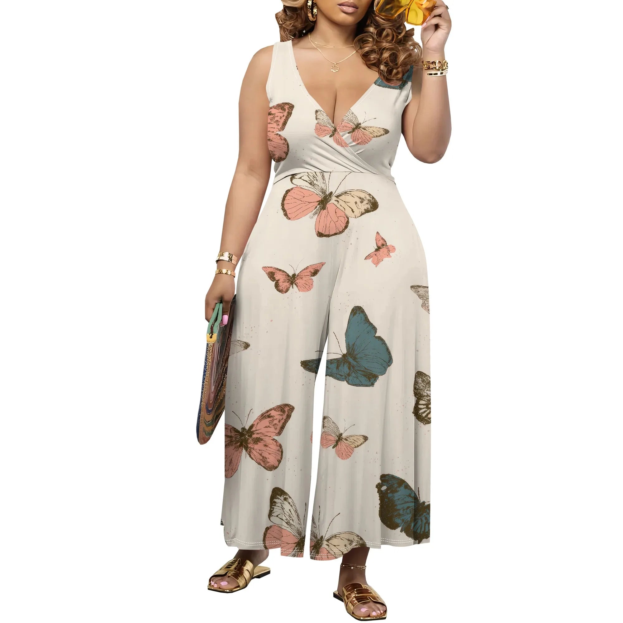 Women's Jumpsuit V Neck Floral Sleeveless Leg Wide Leg Pants Tied One Piece Casual Loose Summer Outfits Rompers