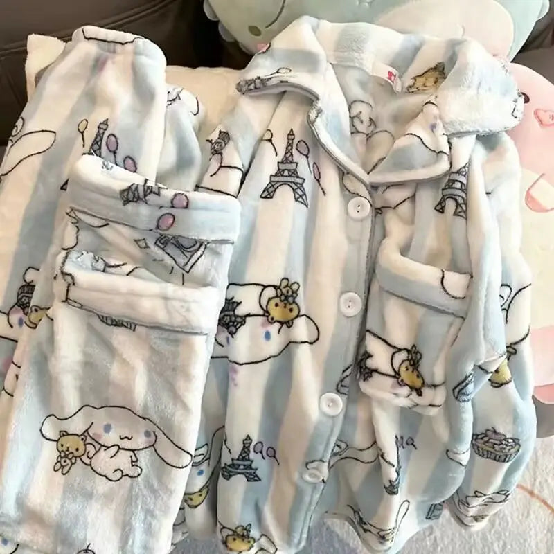 Kawaii Stitch 2Pcs Woman's Pajamas Set Thicken Warm Fashion Casual Loose Grey Cute Anime Homewear Gift