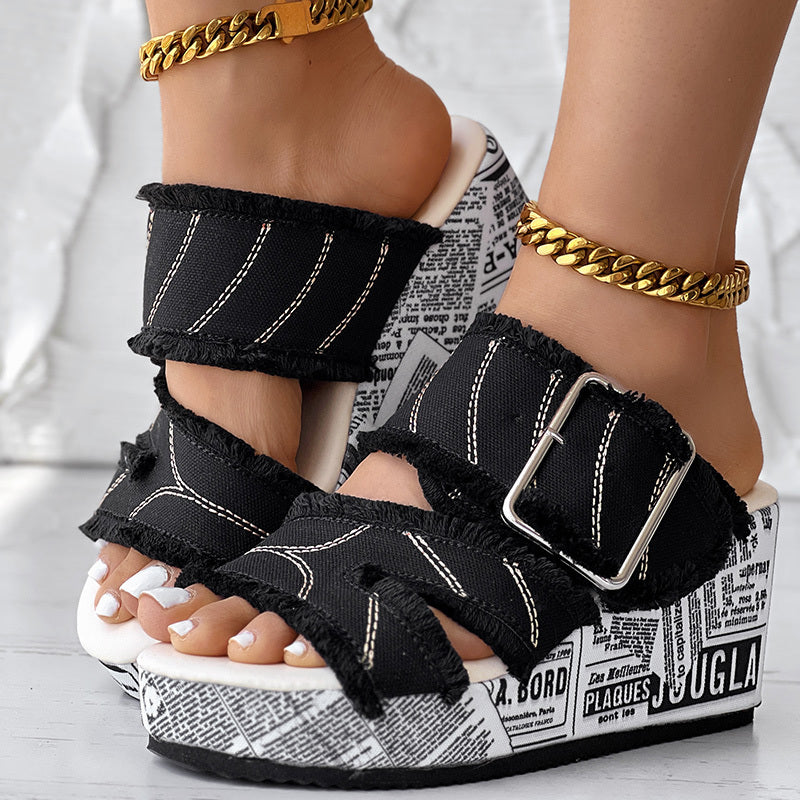Newspaper Hem Platform Wedge Slides - Anklet Not Included