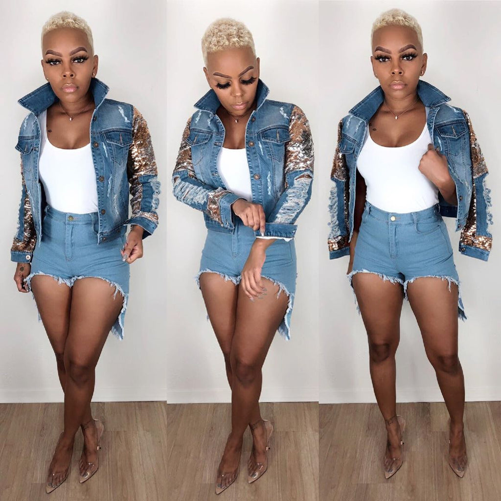 Women's Ripped Sequin Washed Denim Jacket
