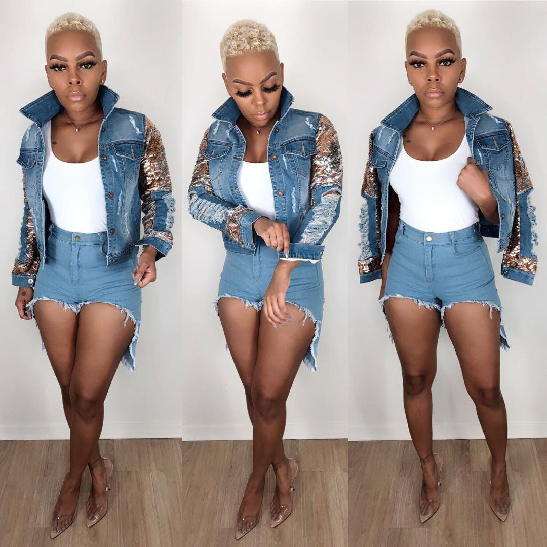 Women's Ripped Sequin Washed Denim Jacket