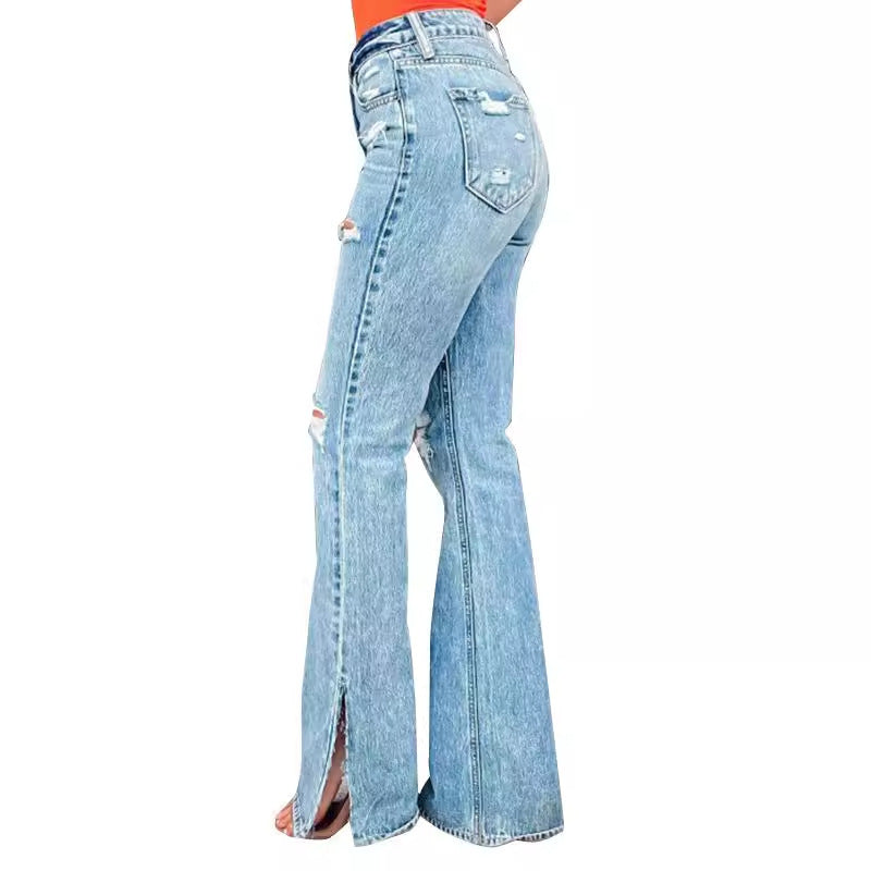 High Waist Ripped Split Stretch Jeans for Women