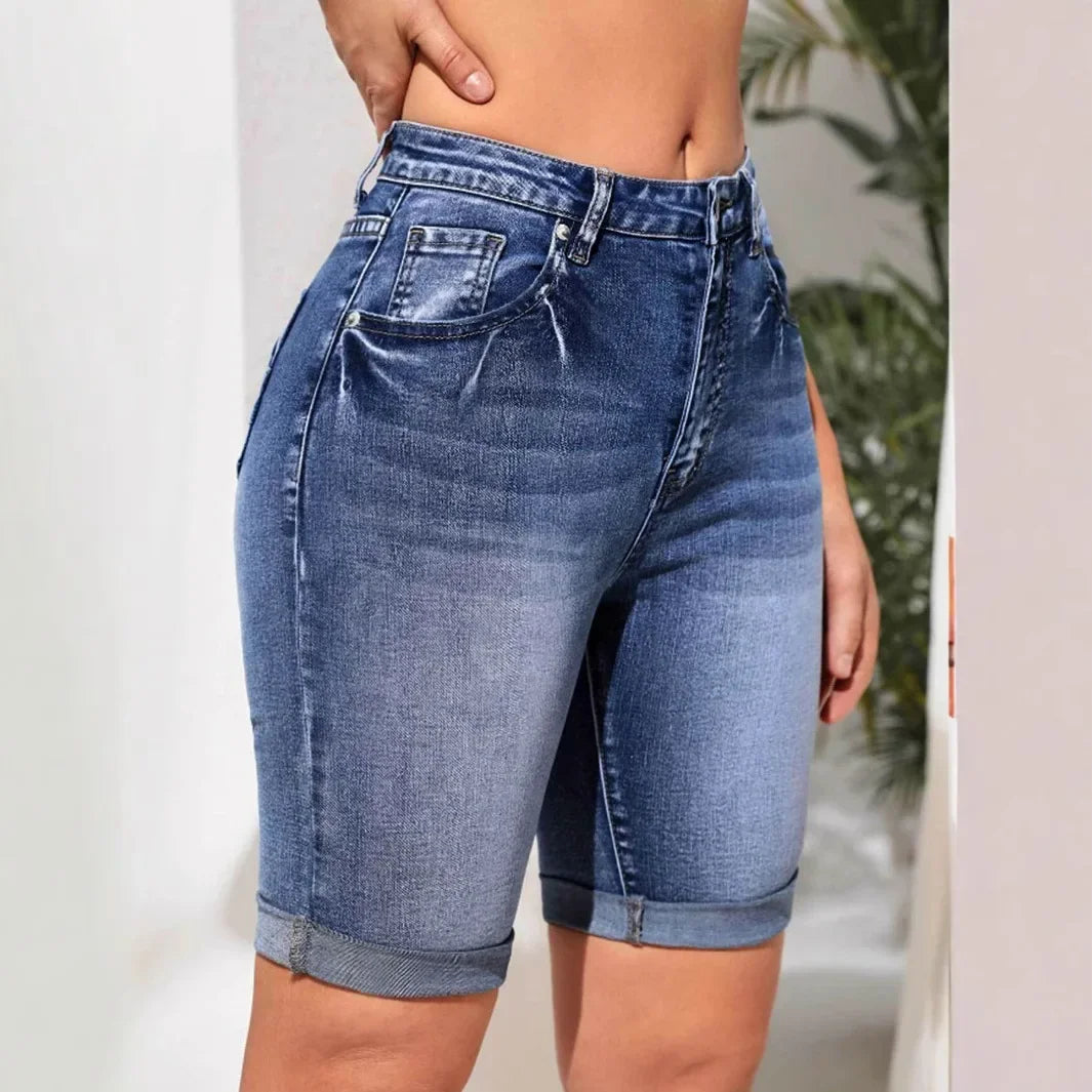 Women Jeans Denim short Knee Length High Waist Stretch Distressed Washed  Skinny Straight Short Pants
