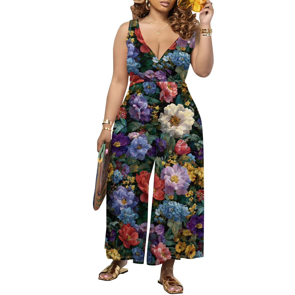 Women's Jumpsuit V Neck Floral Sleeveless Leg Wide Leg Pants Tied One Piece Casual Loose Summer Outfits Rompers