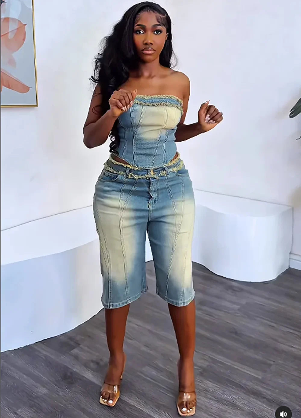 Women's Denim Suits.  Fashionable Fringed Strapless Top and High-waisted Short Jeans for Women