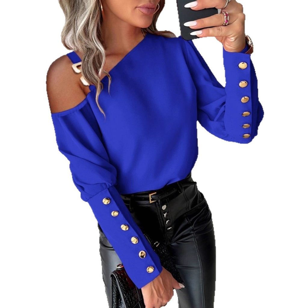 Solid Color Shoulder Collar Button Shirt For Women