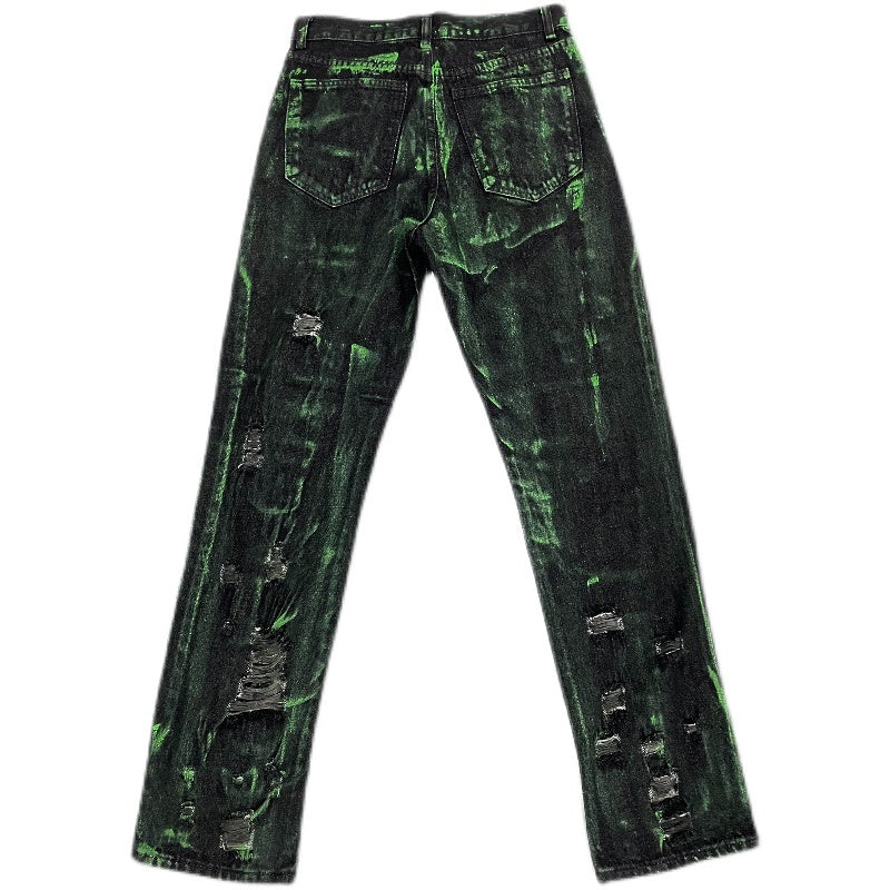 Fluorescent Green Splash-ink Make Old Ripped Washed Jeans