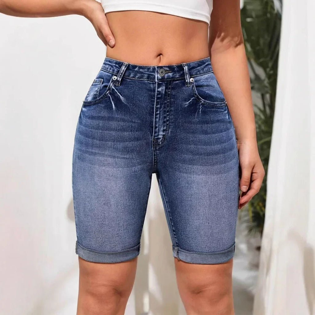 Women Jeans Denim short Knee Length High Waist Stretch Distressed Washed  Skinny Straight Short Pants