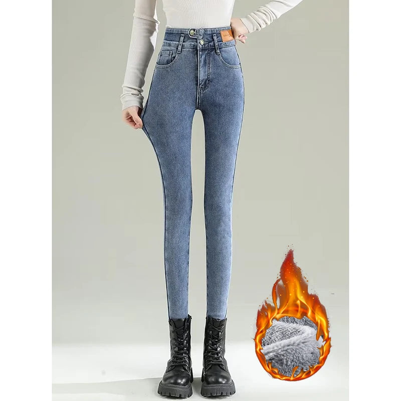 Winter Girls Fleece Thicken Straight Leg Jeans Women Snow Warm High Waist Casual Denim Trousers Lady Korean Plush Thermal Pants