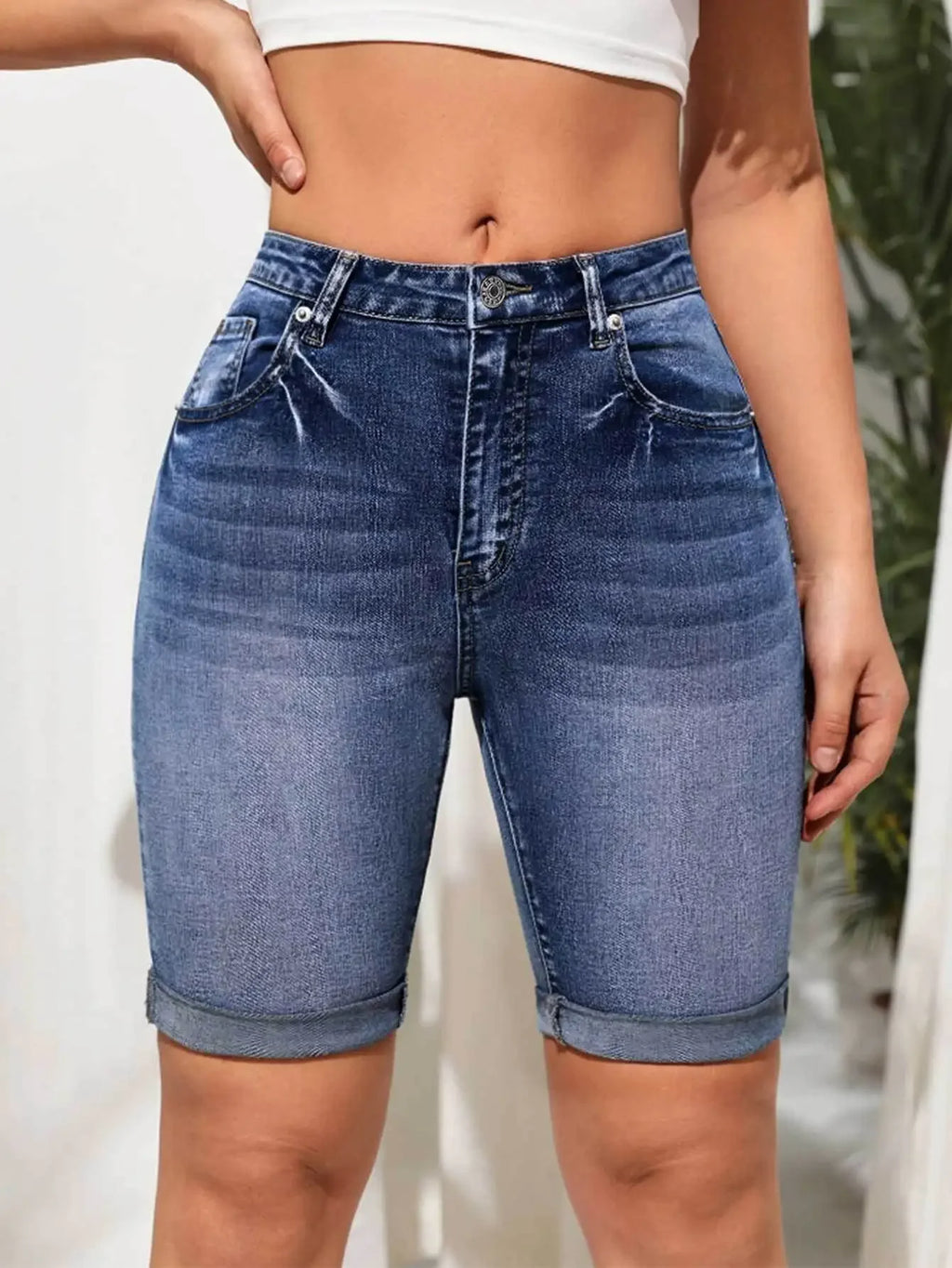 Women Jeans Denim short Knee Length High Waist Stretch Distressed Washed  Skinny Straight Short Pants