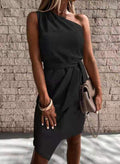 Solid Color Sleeveless Slanted Shoulder Irregular Tie Party Dress