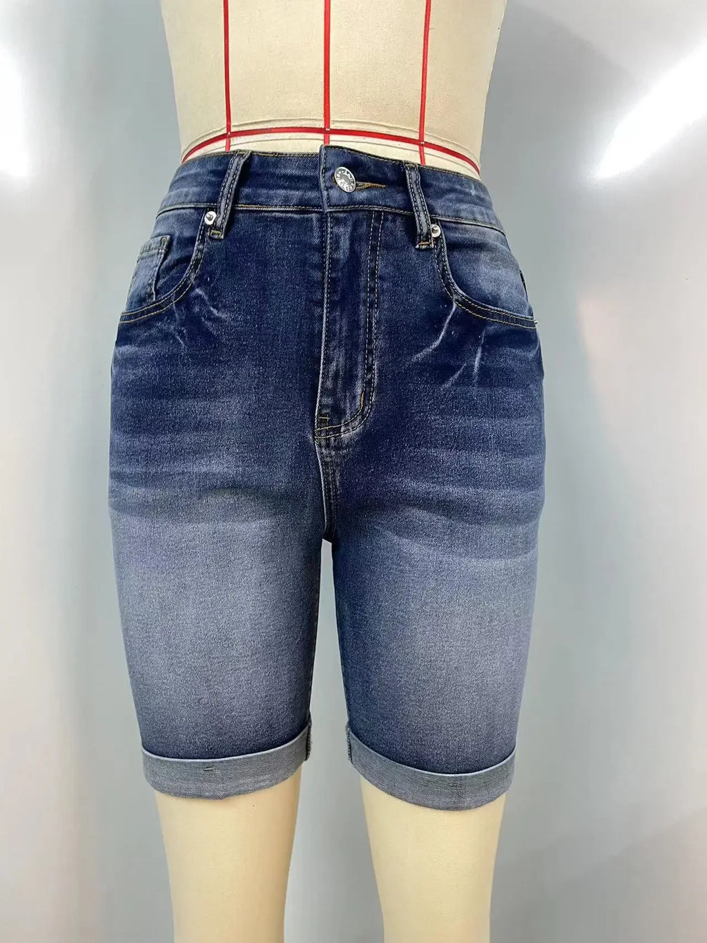 Women Jeans Denim short Knee Length High Waist Stretch Distressed Washed  Skinny Straight Short Pants