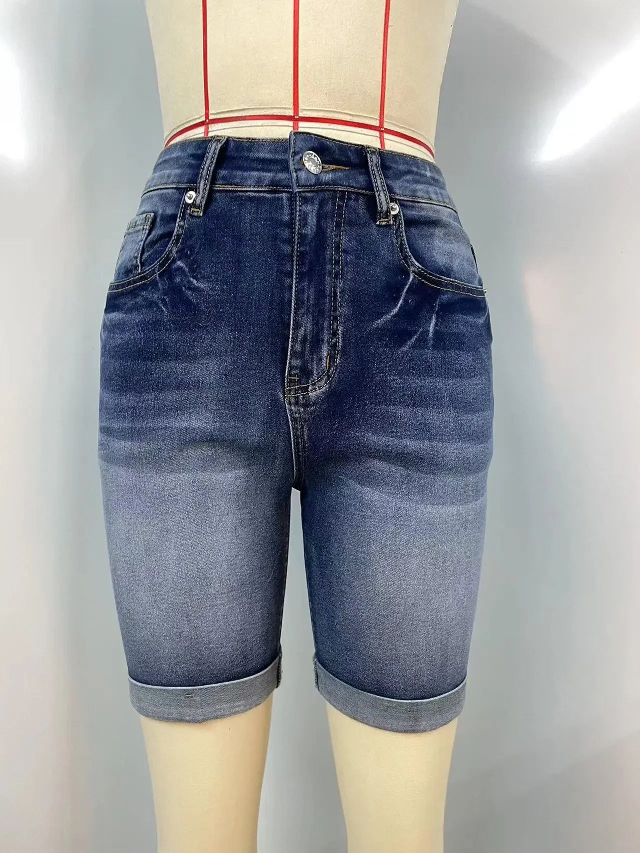 Women Jeans Denim short Knee Length High Waist Stretch Distressed Washed  Skinny Straight Short Pants