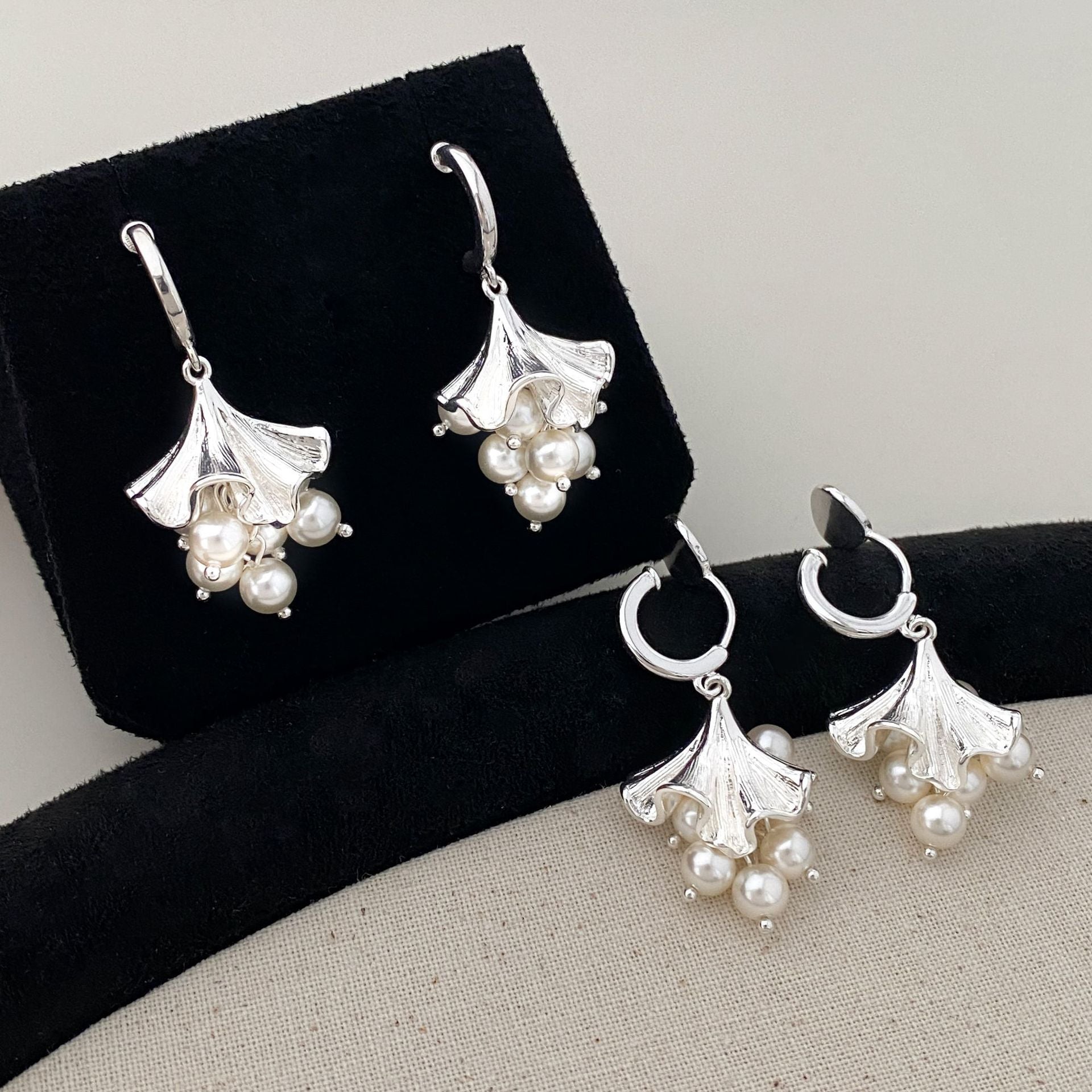 Pearl String Pendant Small Flower Clip-on Earrings