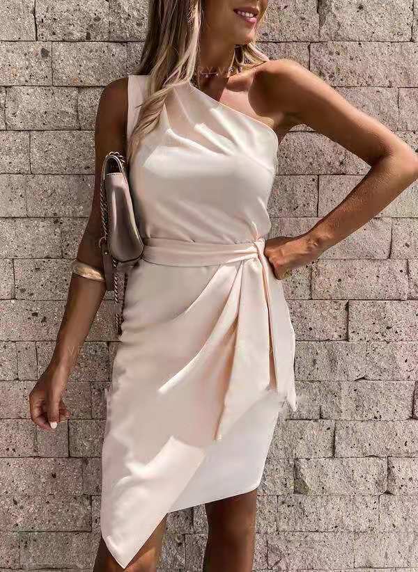 Solid Color Sleeveless Slanted Shoulder Irregular Tie Party Dress