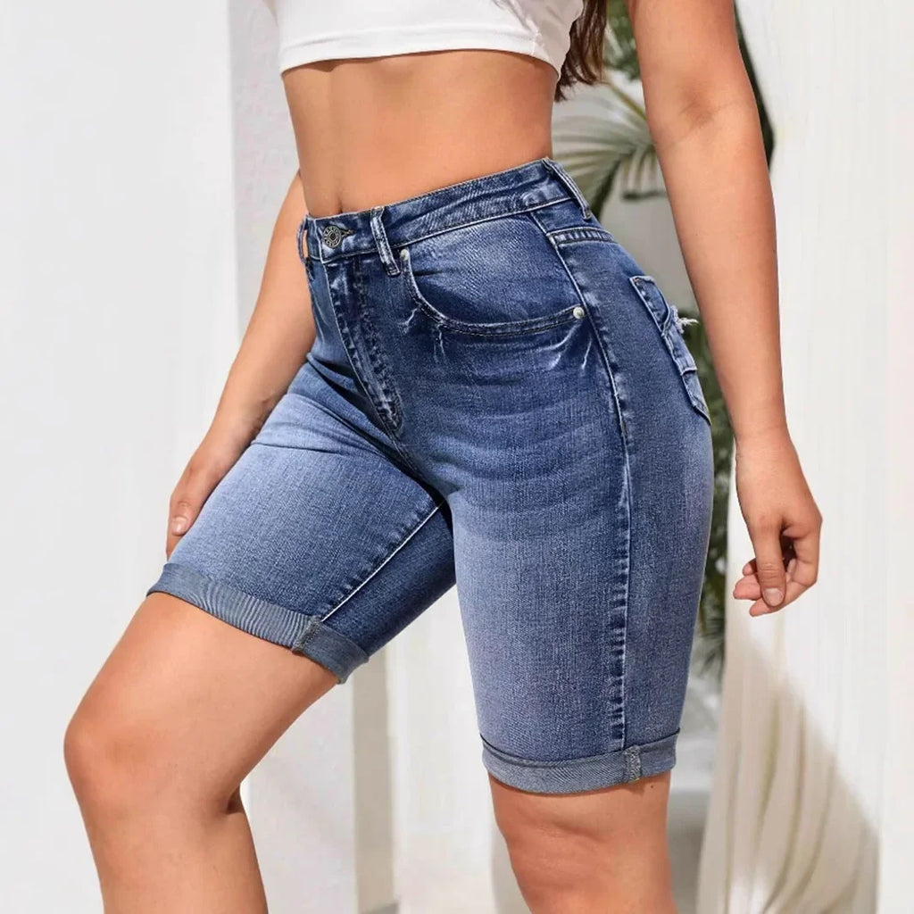 Women Jeans Denim short Knee Length High Waist Stretch Distressed Washed  Skinny Straight Short Pants