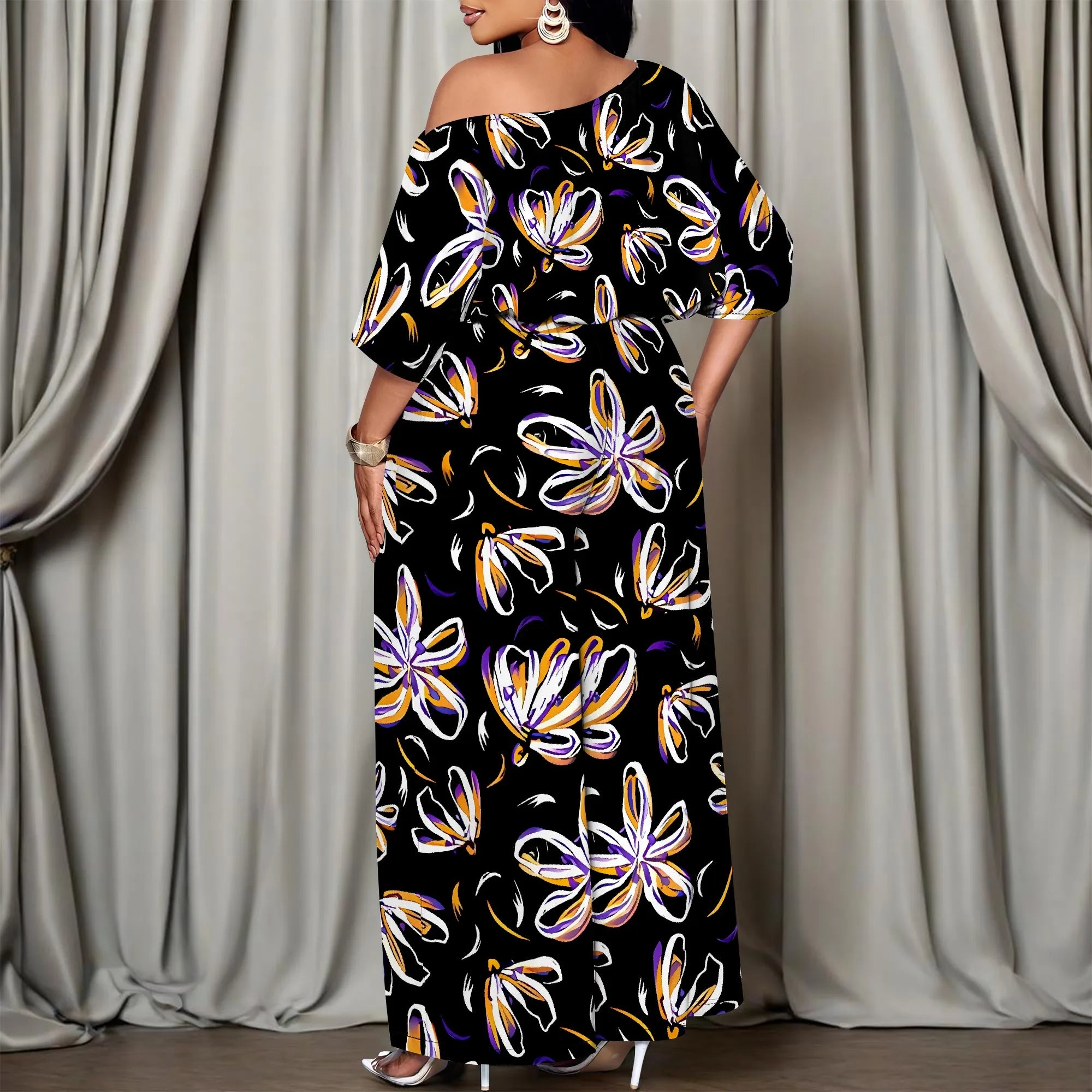 Elegant Women Two Piece Set Off Shoulder Top and Wide Leg Pants Abstract Floral Print Casual Outfit Standard Size