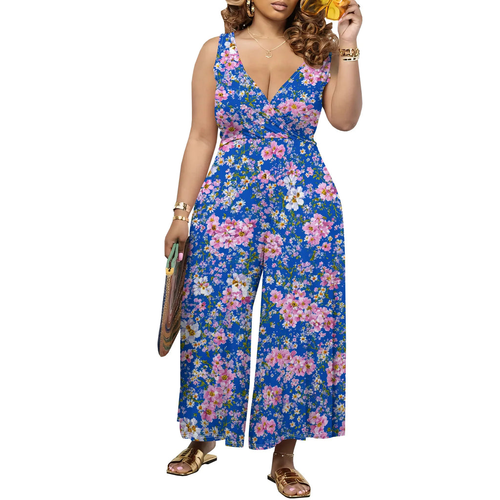 Women's Jumpsuit V Neck Floral Sleeveless Leg Wide Leg Pants Tied One Piece Casual Loose Summer Outfits Rompers