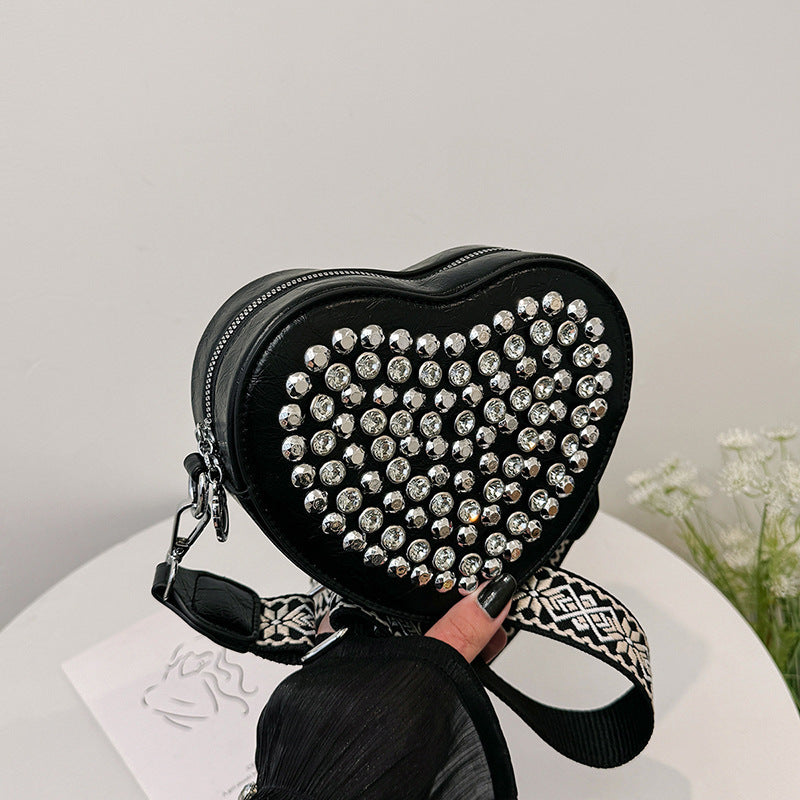 Heart Bag Wide Shoulder Strap Western Style All-matching Rivet Crossbody Phone Bag